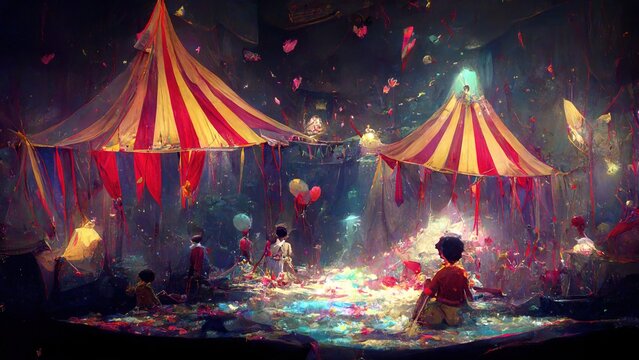 3D rendering of a circus tent in the carnival with joyful vibes during the night