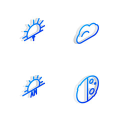 Set Isometric line Cloud, Sunrise, and Eclipse of the sun icon. Vector