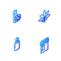 Set Isometric line Marijuana or cannabis leaf, Chemical test tube with marijuana, olive oil and Medical bottle icon. Vector