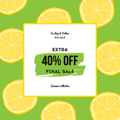 Trendy Summer square template with lemon slices elements. Citrus square banner with special offer. Suitable for social media posts, mobile applications, banner design and online advertising.