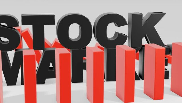 Stock market text with domino blocks collapse 3d render conceptual animation.