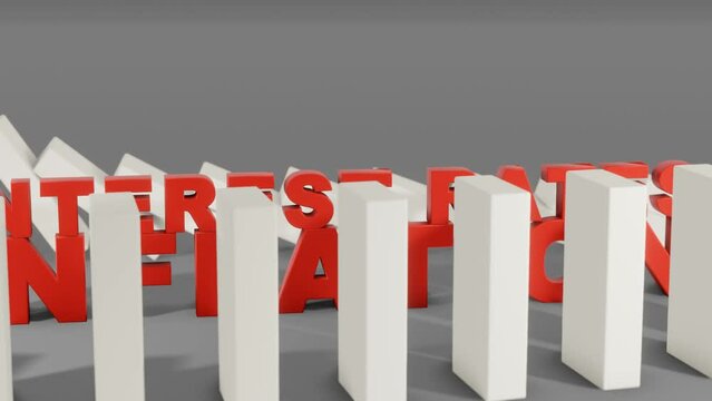Inflation and interest rates text with domino blocks collapse 3d render conceptual animation.