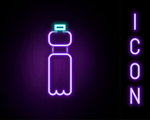 Glowing neon line Bottle of water icon isolated on black background. Soda aqua drink sign. Colorful outline concept. Vector