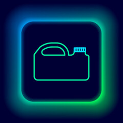 Glowing neon line Plastic canister for motor machine oil icon isolated on black background. Oil gallon. Oil change service and repair. Colorful outline concept. Vector