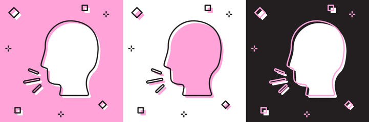 Set Man coughing icon isolated on pink and white, black background. Viral infection, influenza, flu, cold symptom. Tuberculosis, mumps, whooping cough. Vector..