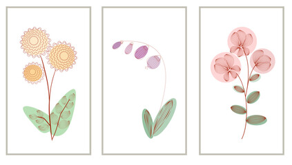 Set of three contoured flowers in rectangular frames. Vector illustration for card design, cover art, wall decor in a minimalist style