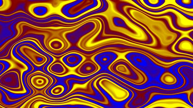 Slow motion abstract blue yellow colorful wave lines on the liquid smoke background
