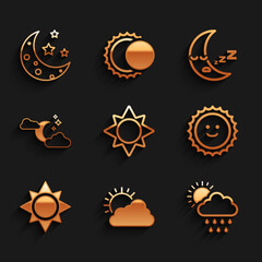 Set Sun, and cloud weather, Cloud with rain sun, moon stars, Moon icon and icon. Vector