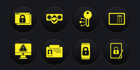 Set Monitor with exclamation mark, Safe, Identification badge, Mobile closed padlock, Cryptocurrency key, Password protection, Tablet and Secure your site HTTPS, SSL icon. Vector