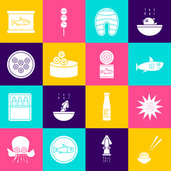 Set Sushi, Sea urchin, Shark, Fish steak, Tin can with caviar, Caviar on plate, Canned fish and icon. Vector