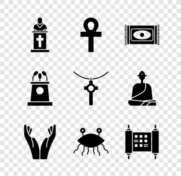 Set Church pastor preaching, Cross ankh, Traditional carpet, Hands praying position, Pastafarianism, Decree, paper, parchment, scroll, Stage stand tribune and Christian cross chain icon. Vector