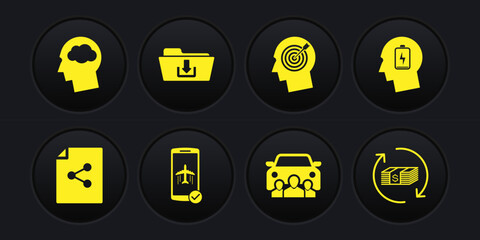Set Share file, Head with low battery, Flight mode in the mobile, Car sharing, hunting concept and Folder download icon. Vector