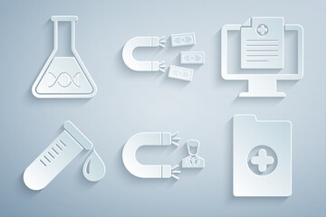 Set Customer attracting, Clinical record on monitor, Test tube with drop of blood, , Magnet money and DNA research, search icon. Vector