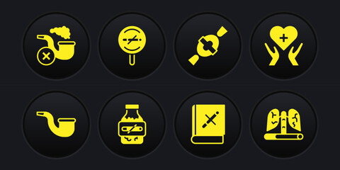 Set No pipe smoking, Heart with cross, Nicotine gum blister pack, Book stop cigarette, Candy, Disease lungs and Smoking smoke icon. Vector