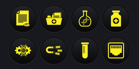 Set Gene editing, Medicine bottle, Magnet with money, Test tube or flask, DNA research, search and Health record folder icon. Vector