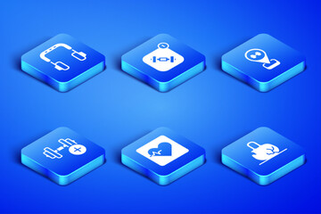 Set Broken weight, Headphones, Heart rate, Dumbbell, Fitness app and Location gym icon. Vector