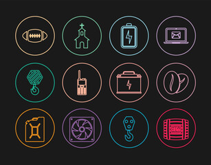 Set line Wooden barrel with rum, Coffee beans, Battery, Walkie talkie, Industrial hook, American Football ball, Car battery and Church building icon. Vector
