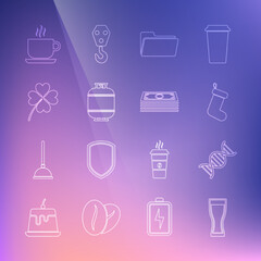 Set line Glass of beer, DNA symbol, Christmas sock, Folder, Propane gas tank, Four leaf clover, Coffee cup and Stacks paper money cash icon. Vector