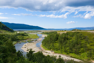 Fototapeta na wymiar View of Russelva river and fjord at Havoysund scenic route, Norway
