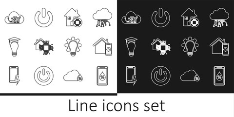 Set line Humidity for smart home, Smart remote control system, Light bulb and graduation cap, Internet of things, gear and Power button icon. Vector