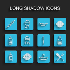 Set line Mustard bottle, Barbecue grill, Grilled shish kebab, Hotdog sandwich, Crossed fork spatula, Ketchup and knife icon. Vector