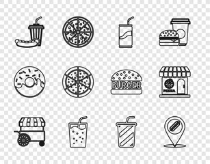 Set line Fast street food cart, Location with hotdog, Soda can drinking straw, Glass water, and, Pizza, and Pizzeria building facade icon. Vector