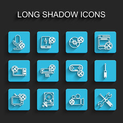 Set line Tv service, Hard disk drive, Microphone, Video camera, Crossed screwdriver and wrench, Air conditioner, Screwdriver and Gamepad icon. Vector