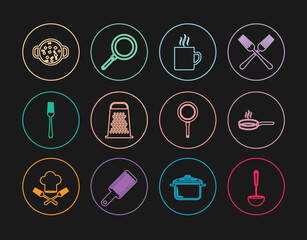 Set line Kitchen ladle, Frying pan, Coffee cup, Grater, Fork, Cooking soup pot, and icon. Vector