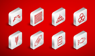 Set line Fish, Checkered napkin, Massive steel chandelier, Wooden barrels, Beer can, Picnic table with benches, Salami sausage and Wheat icon. Vector