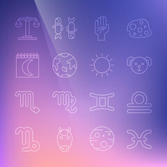 Set line Pisces zodiac, Libra, Dog, Palmistry of the hand, Planet Earth, Moon phases calendar, and Sun icon. Vector