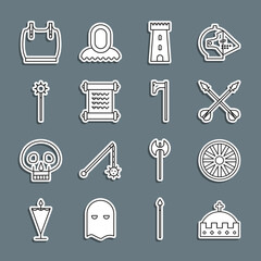 Set line King crown, Old wooden wheel, Medieval crossed arrows, Castle tower, Decree, parchment, scroll, chained mace ball, Body armor and axe icon. Vector