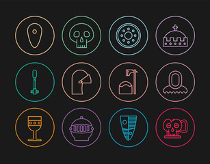 Set line Cup from the skull, Medieval hood, Round wooden shield, iron helmet, Torch flame, Shield, Executioner axe in tree block and Skull icon. Vector