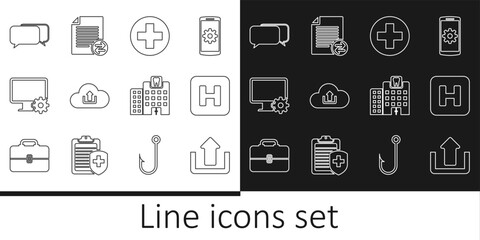 Set line Upload, Hospital, Medical cross in circle, Cloud upload, Computer monitor and gear, Chat, Dental clinic and Transfer files icon. Vector