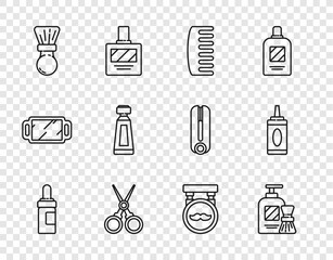 Set line Beard and mustaches care oil bottle, Shaving gel foam brush, Hairbrush, Scissors hairdresser, Cream lotion cosmetic tube, Barbershop and Bottle of shampoo icon. Vector