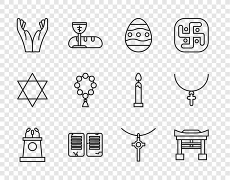 Set line Stage stand or tribune, Japan Gate, Easter egg, The commandments, Hands in praying position, Rosary beads religion, Christian cross chain and icon. Vector