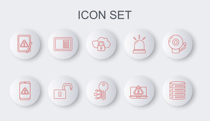 Set line Server, Data, Web Hosting, Mobile with exclamation mark, Cloud computing lock, Laptop, Tablet, Safe, Open padlock and Cryptocurrency key icon. Vector