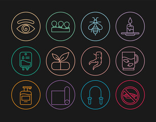 Set line Food no diet, Cup of tea and leaf, Bee, Medical pill with plant, IV bag, Hypnosis, Ginger root and Vacuum cans icon. Vector