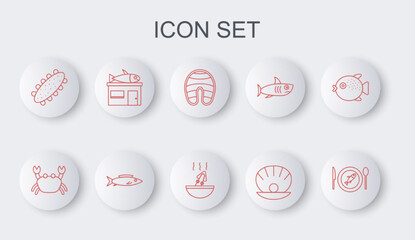 Set line Served fish on a plate, Crab, Fish steak, Shell with pearl, Sea cucumber, Seafood store, and Soup octopus icon. Vector
