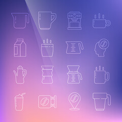 Set line Coffee cup, Barista, machine, Bag coffee beans, pot and icon. Vector