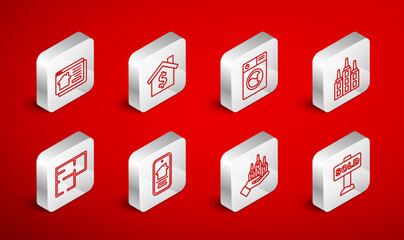 Set line Hanging sign with text Sold, House dollar symbol, Washer, Skyscraper, Online real estate house, and plan icon. Vector