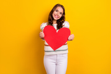 Fototapeta na wymiar Photo of pretty positive girl arms hold give you heart symbol card isolated on yellow color background