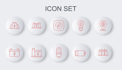 Set line Hydroelectric dam, Car battery, Location with leaf, Battery, Nuclear power plant and LED light bulb icon. Vector