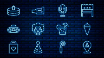 Set line Slice of pizza, Ice cream in waffle cone, Microphone, Clown head, Home stereo with two speakers, Cake burning candles, Cocktail and Birthday party horn icon. Vector