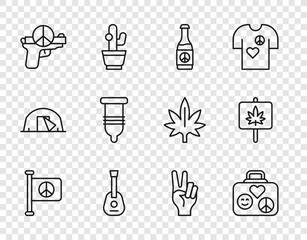 Set line Flag peace, Suitcase for travel, Beer bottle, Guitar, No war, Condom, Peace symbol and Marijuana icon. Vector