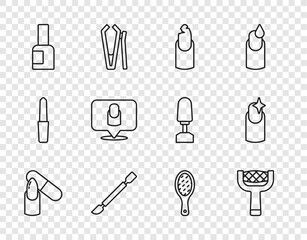 Set line Nail file, Broken nail, Cuticle pusher, Bottle of polish, Manicure, and manicure icon. Vector