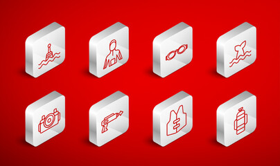 Set line Aqualung, Wetsuit for scuba diving, Glasses swimming, Whale tail, Life jacket, Floating buoy, Fishing harpoon and Photo camera diver icon. Vector