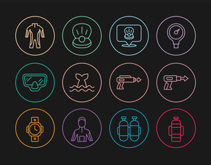 Set line Aqualung, Fishing harpoon, Scallop sea shell, Whale tail, Diving mask, Wetsuit for scuba diving, and Pearl icon. Vector