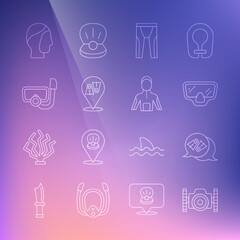 Set line Photo camera for diver, Flippers swimming, Diving mask, Wetsuit scuba diving, with snorkel, hood and icon. Vector