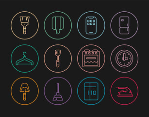 Set line Electric iron, Clock, Mobile Apps, Spatula, Hanger wardrobe, Paint brush, Oven and Cutting board icon. Vector