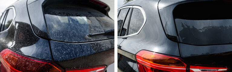 Modern black automobile before and after car washing outdoor.